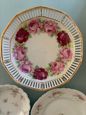 Porcelain Reticulated Serving Bowl  - Pink and Red Rose Gold Trim